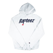 Front of White Champion Hoodie with Rapteez® Ballin Logo on front chest