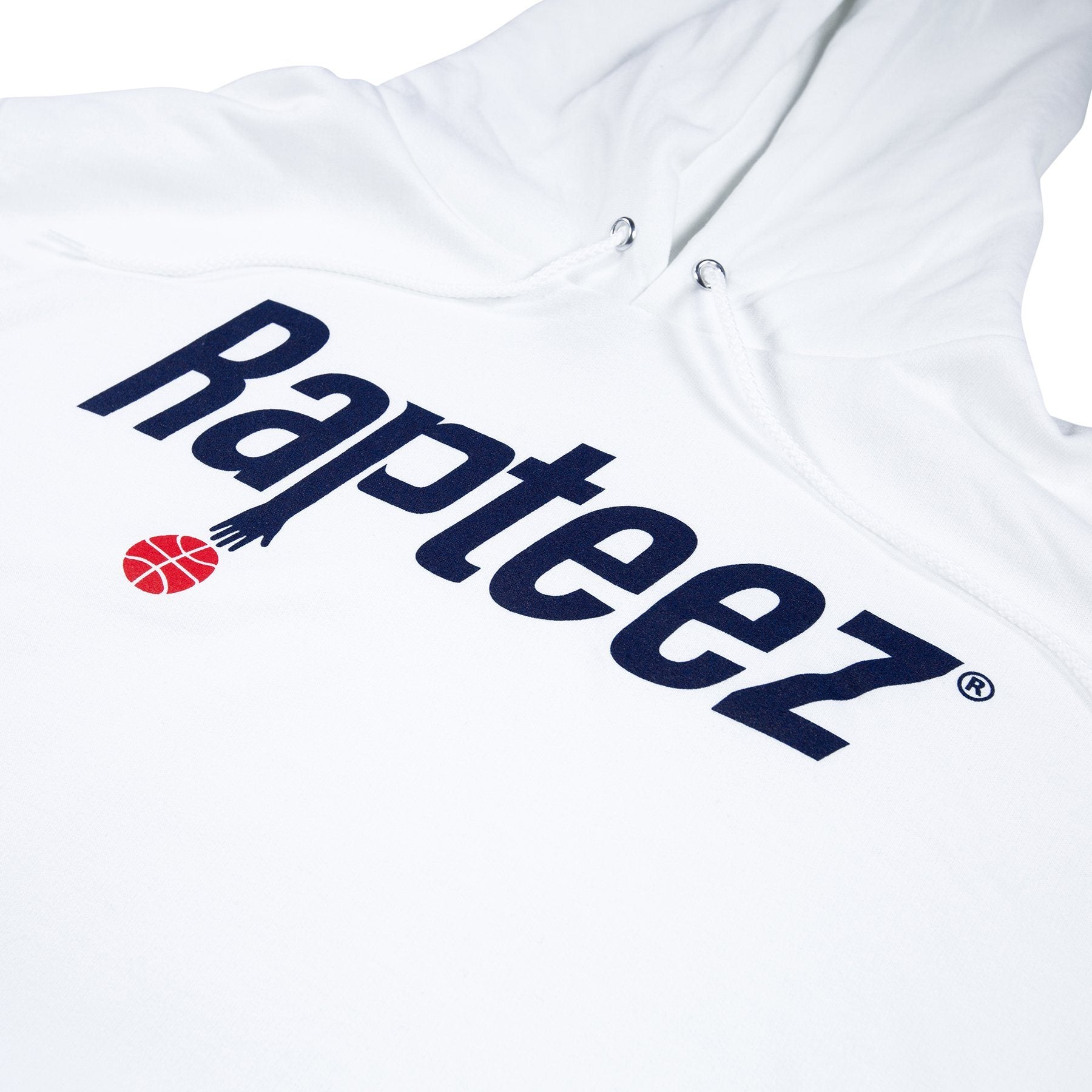 Closeup of Rapteez® Ballin Logo on Front Chest of White Champion Hoodie